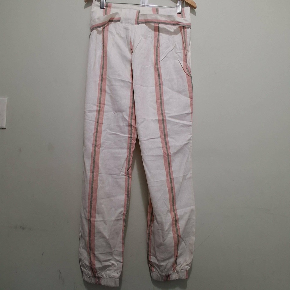 Indigo Rein Linen‎ Blend Striped Paperbag Waist Joggers Pink Green Cream Medium